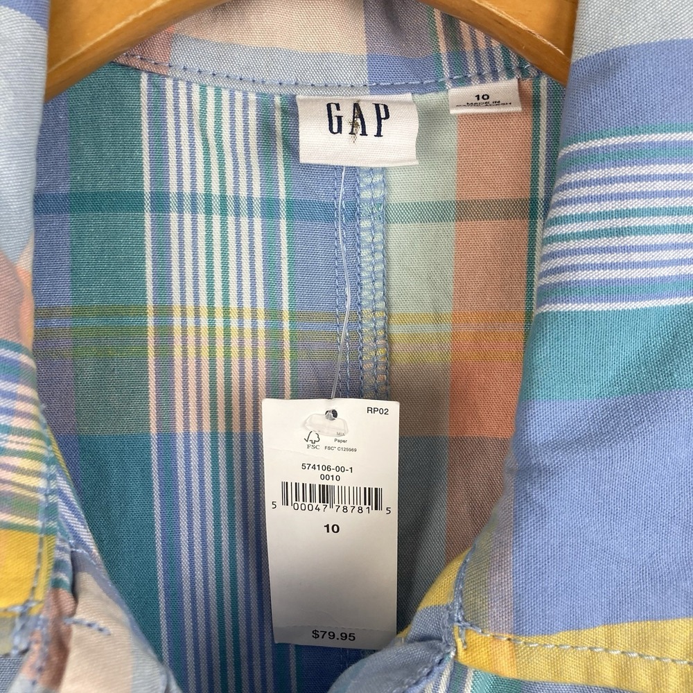 GAP NWT Women's Short Sleeve Plaid Romper 100% Cotton Tie Belt Pastel Geo sz 10 - Picture 3 of 11